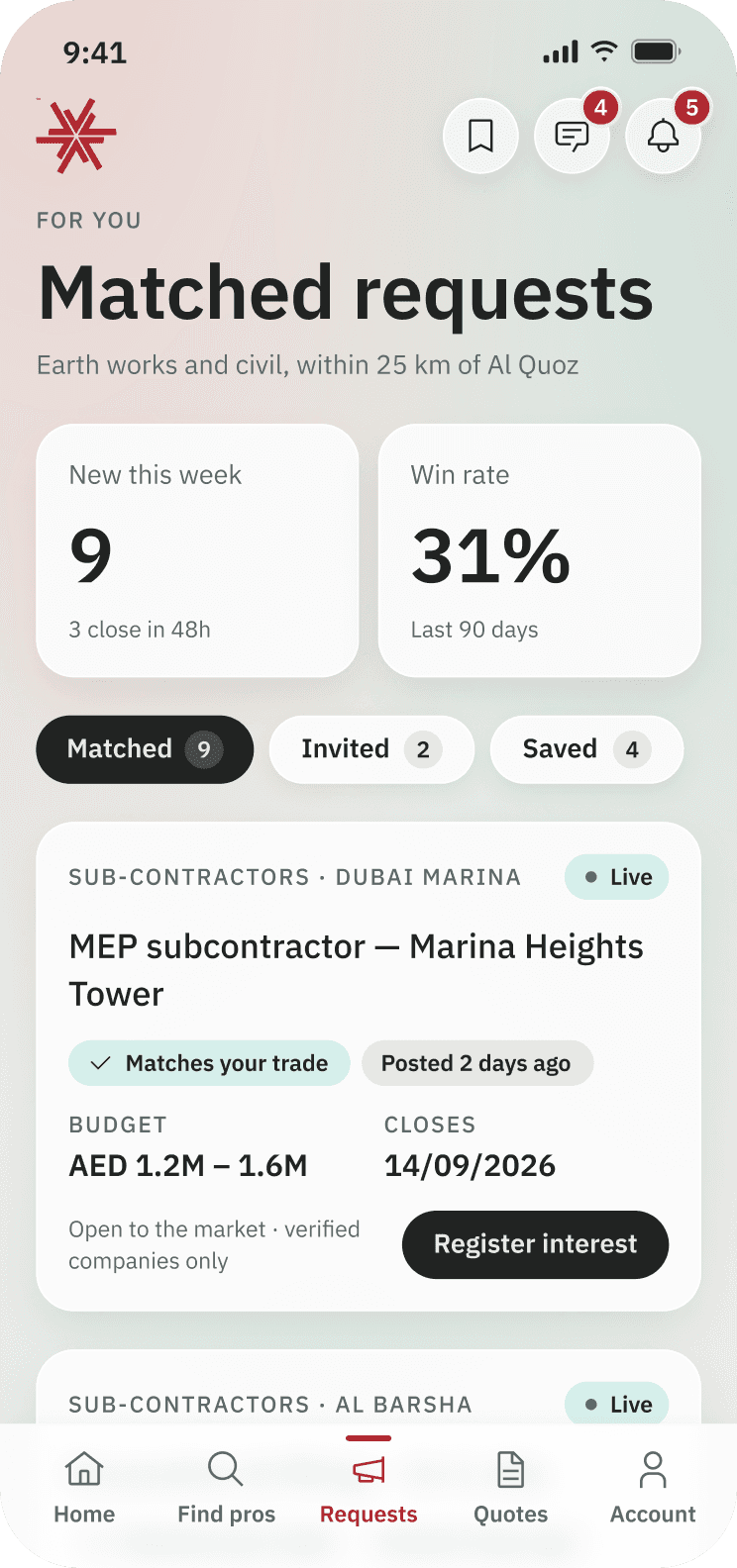 Inchaa app showing requests matched to your trade