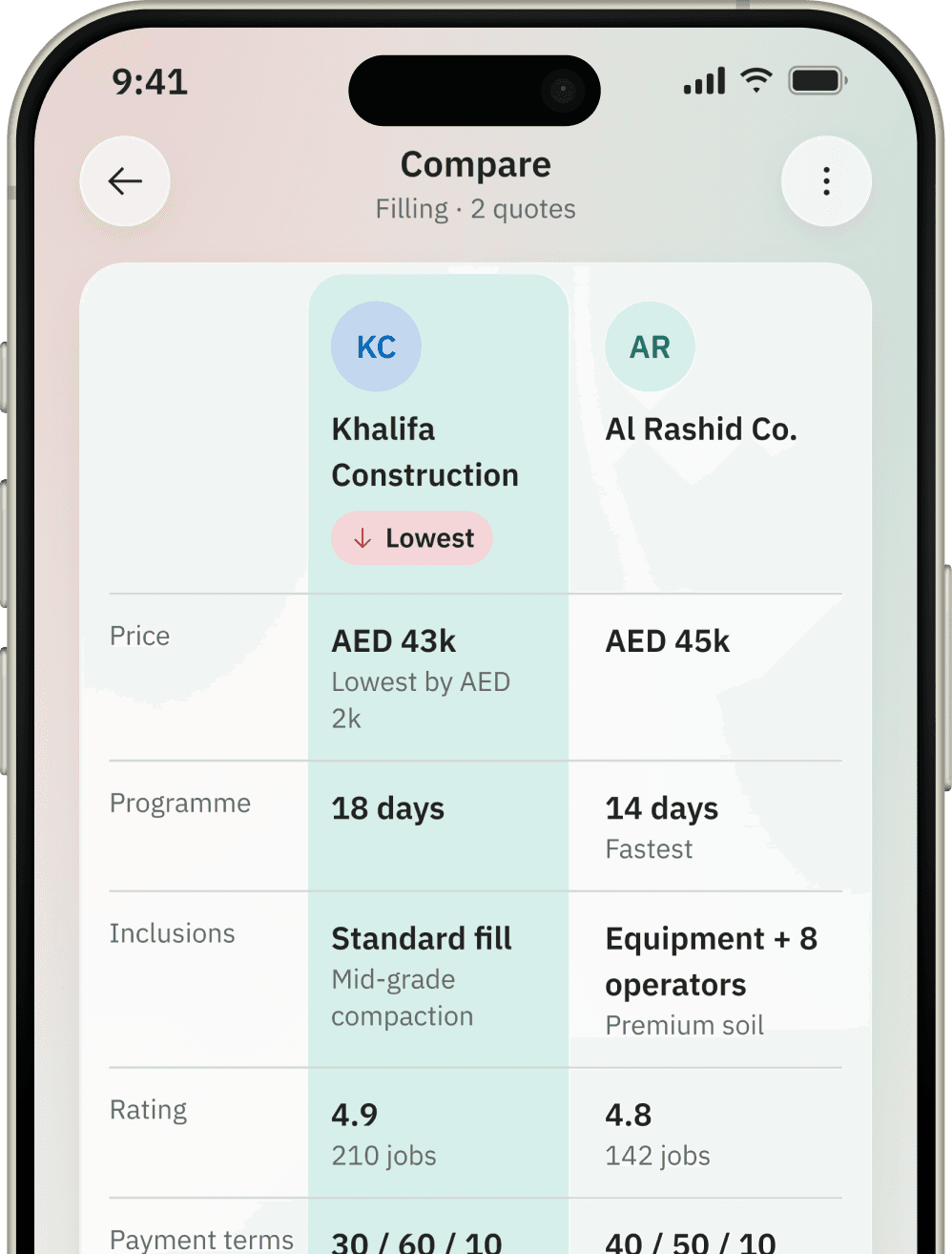 Inchaa app: comparing two quotations side by side